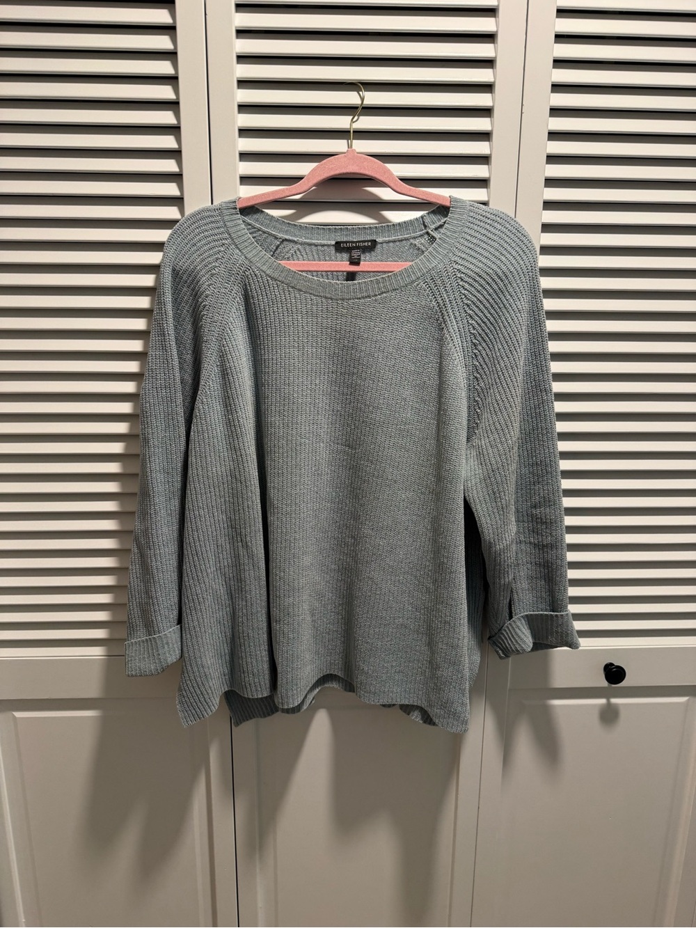 Eileen Fisher Dusty Blue Scoop Neck cotton Chenille Sweater